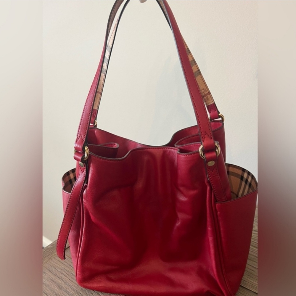 Burberry Red Leather Shoulder Bag with Check Trim - Picture 5 of 16